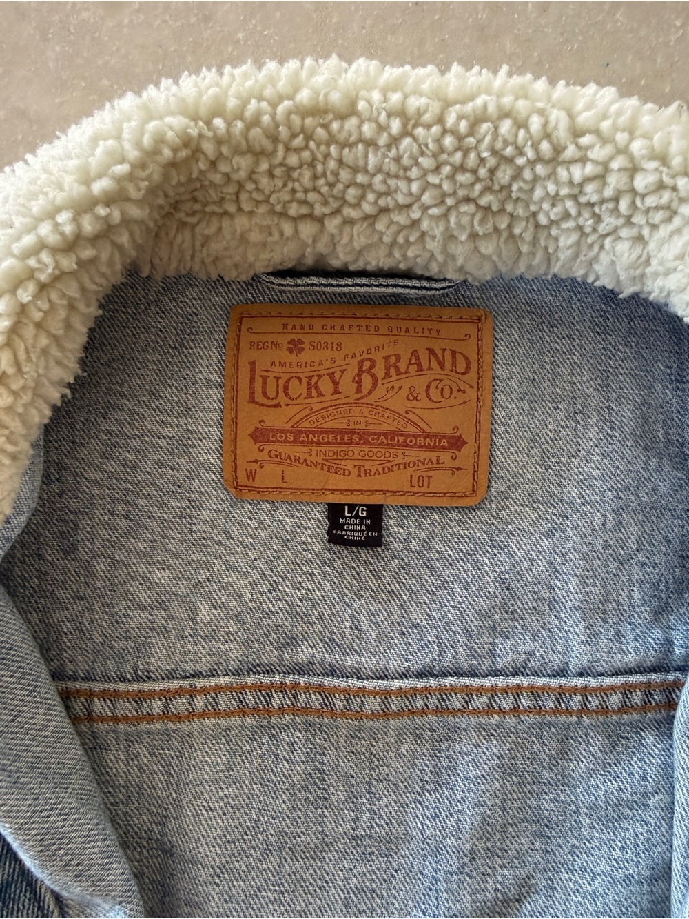 Lucky Brand Light Blue Denim Jacket with Cream Sherpa Collar - Picture 2 of 3
